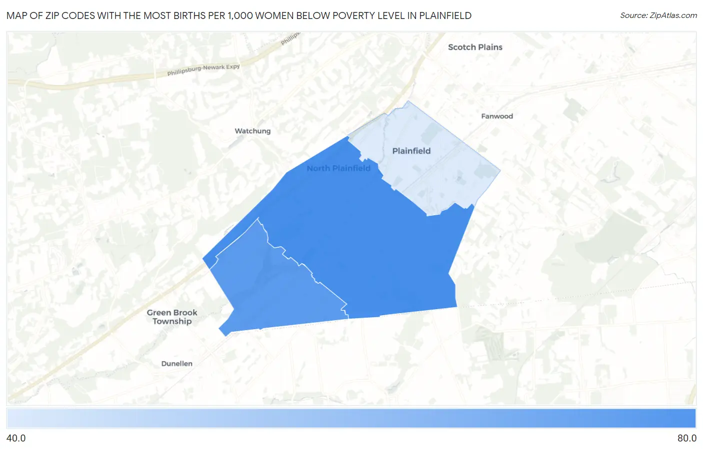 Zip Codes with the Most Births per 1,000 Women Below Poverty Level in Plainfield Map