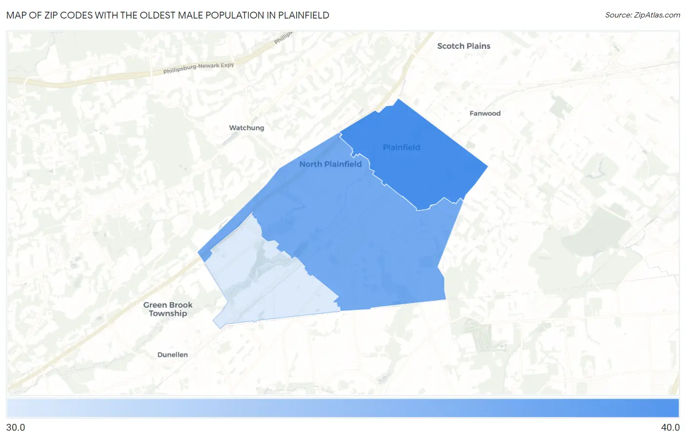 Zip Codes with the Oldest Male Population in Plainfield Map