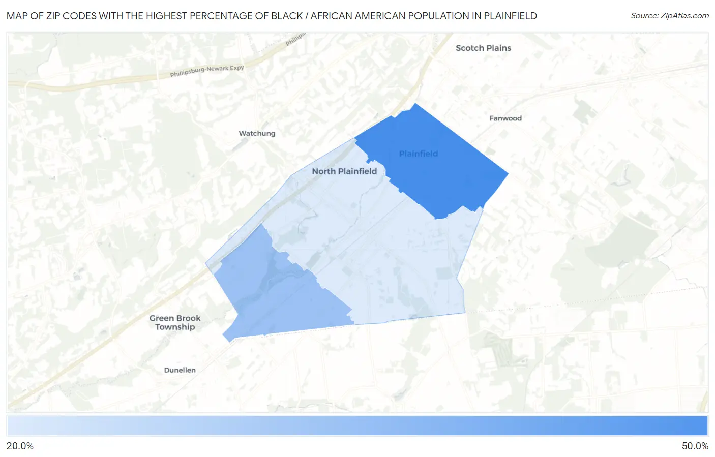 Zip Codes with the Highest Percentage of Black / African American Population in Plainfield Map