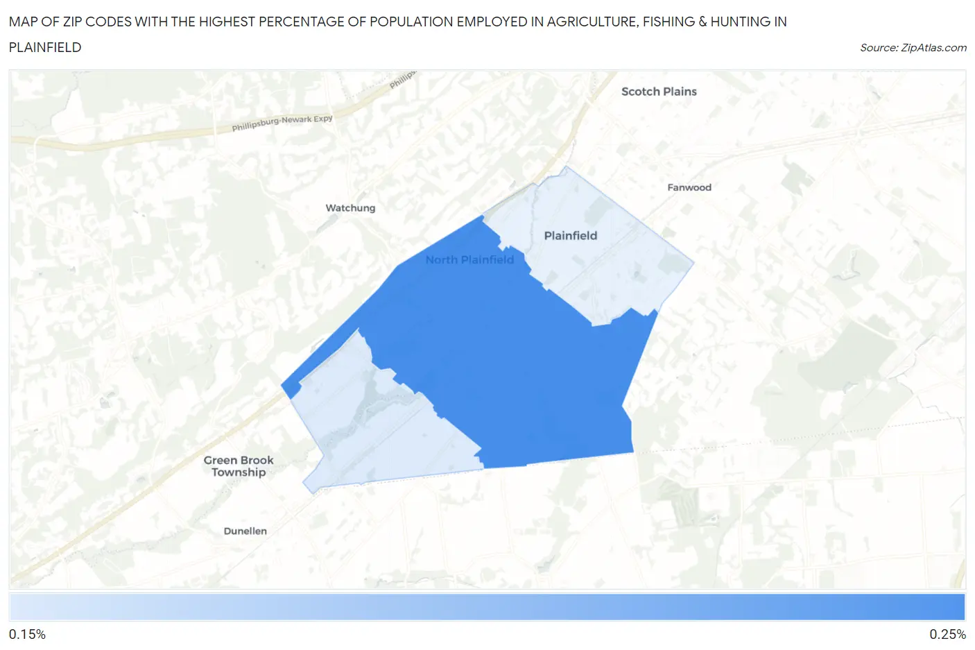 Zip Codes with the Highest Percentage of Population Employed in Agriculture, Fishing & Hunting in Plainfield Map