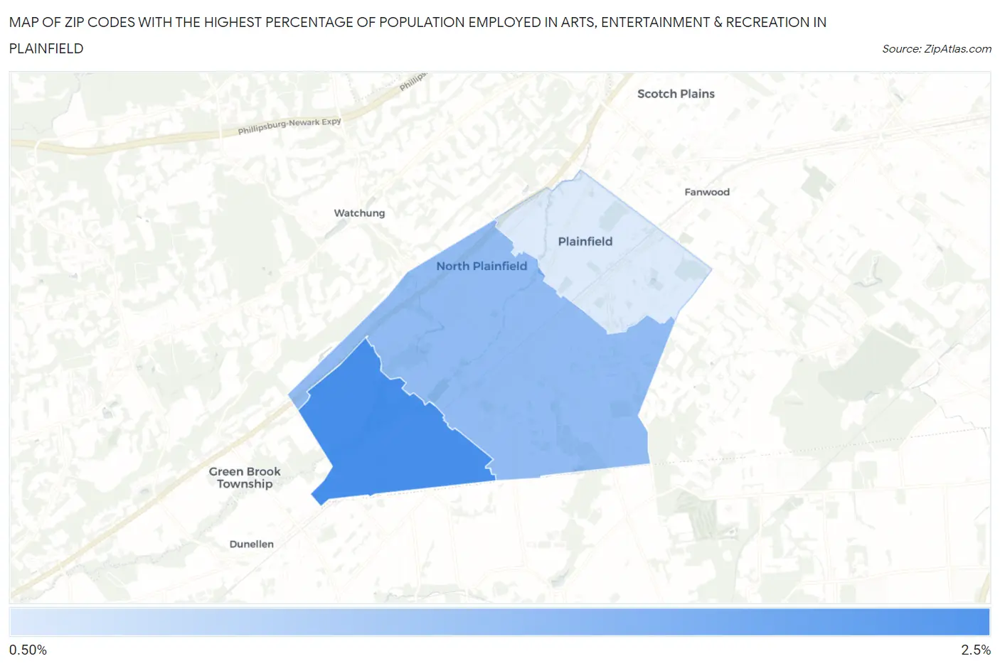Zip Codes with the Highest Percentage of Population Employed in Arts, Entertainment & Recreation in Plainfield Map