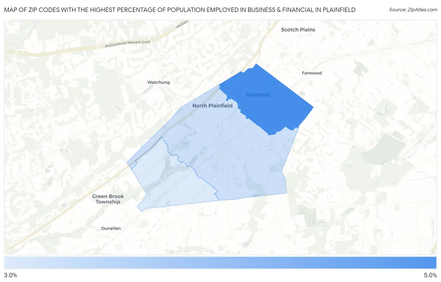 Zip Codes with the Highest Percentage of Population Employed in Business & Financial in Plainfield Map