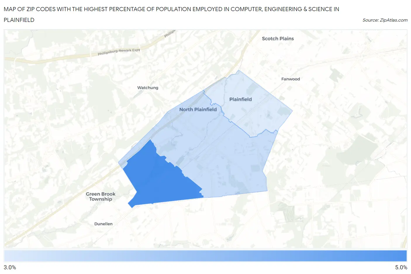 Zip Codes with the Highest Percentage of Population Employed in Computer, Engineering & Science in Plainfield Map