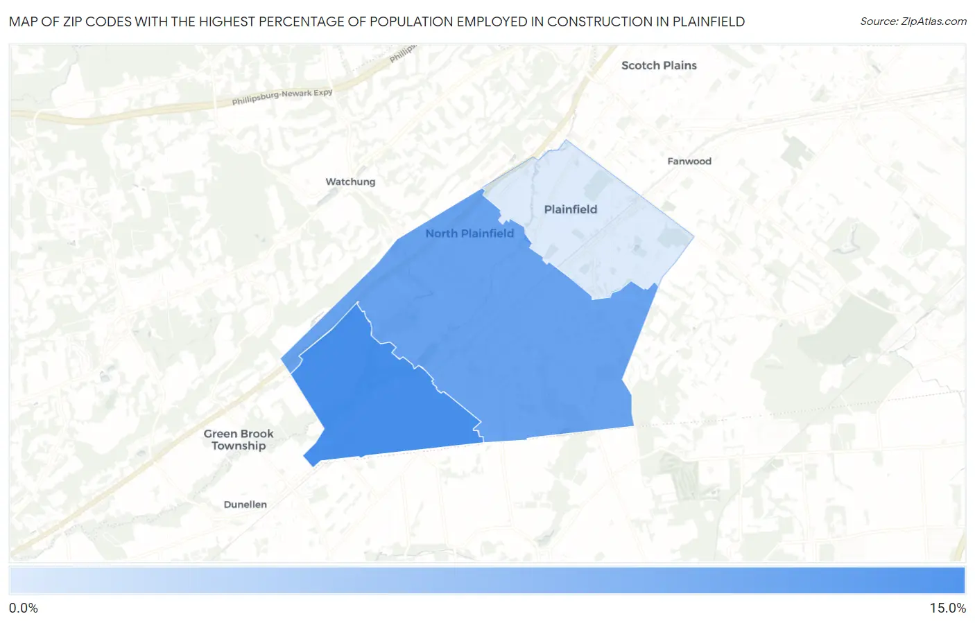 Zip Codes with the Highest Percentage of Population Employed in Construction in Plainfield Map
