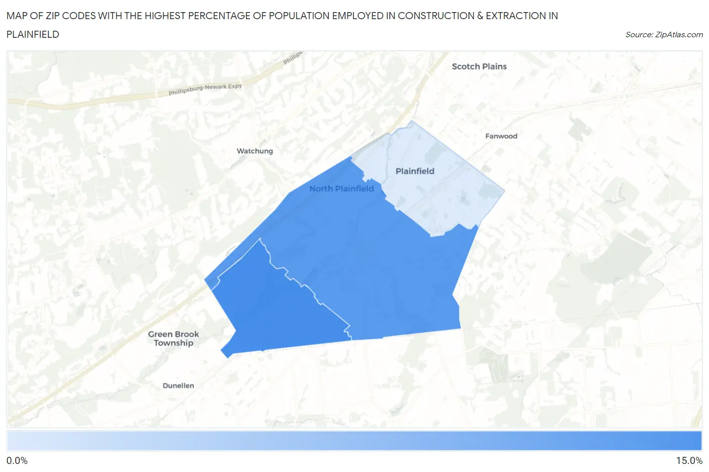 Zip Codes with the Highest Percentage of Population Employed in Construction & Extraction in Plainfield Map