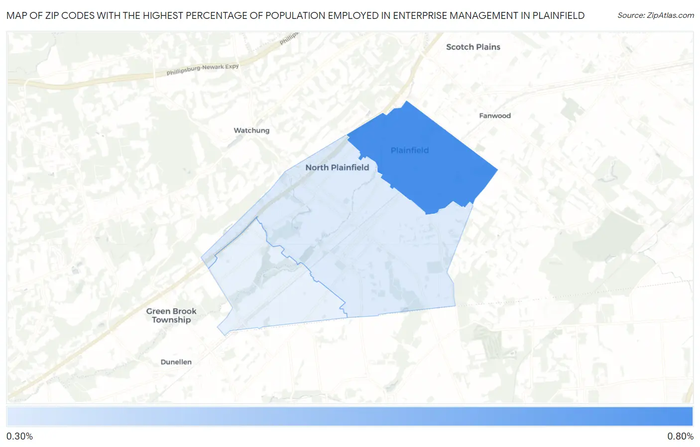 Zip Codes with the Highest Percentage of Population Employed in Enterprise Management in Plainfield Map