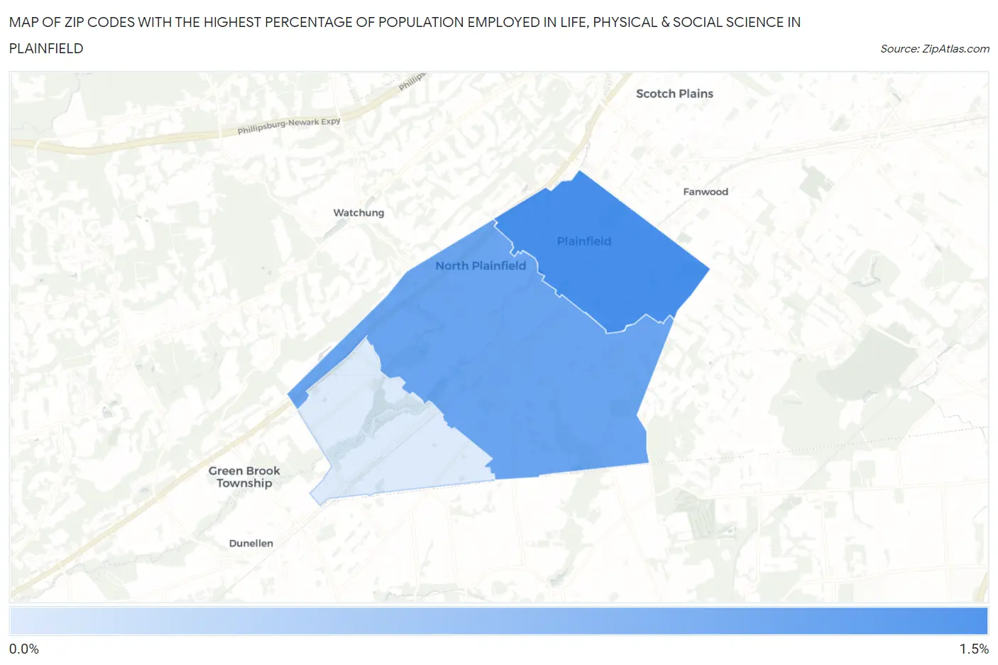 Zip Codes with the Highest Percentage of Population Employed in Life, Physical & Social Science in Plainfield Map