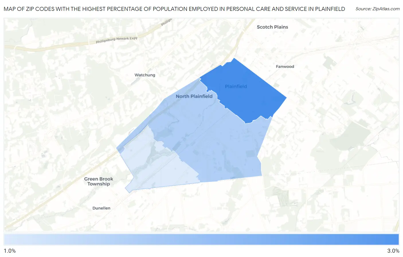 Zip Codes with the Highest Percentage of Population Employed in Personal Care and Service in Plainfield Map
