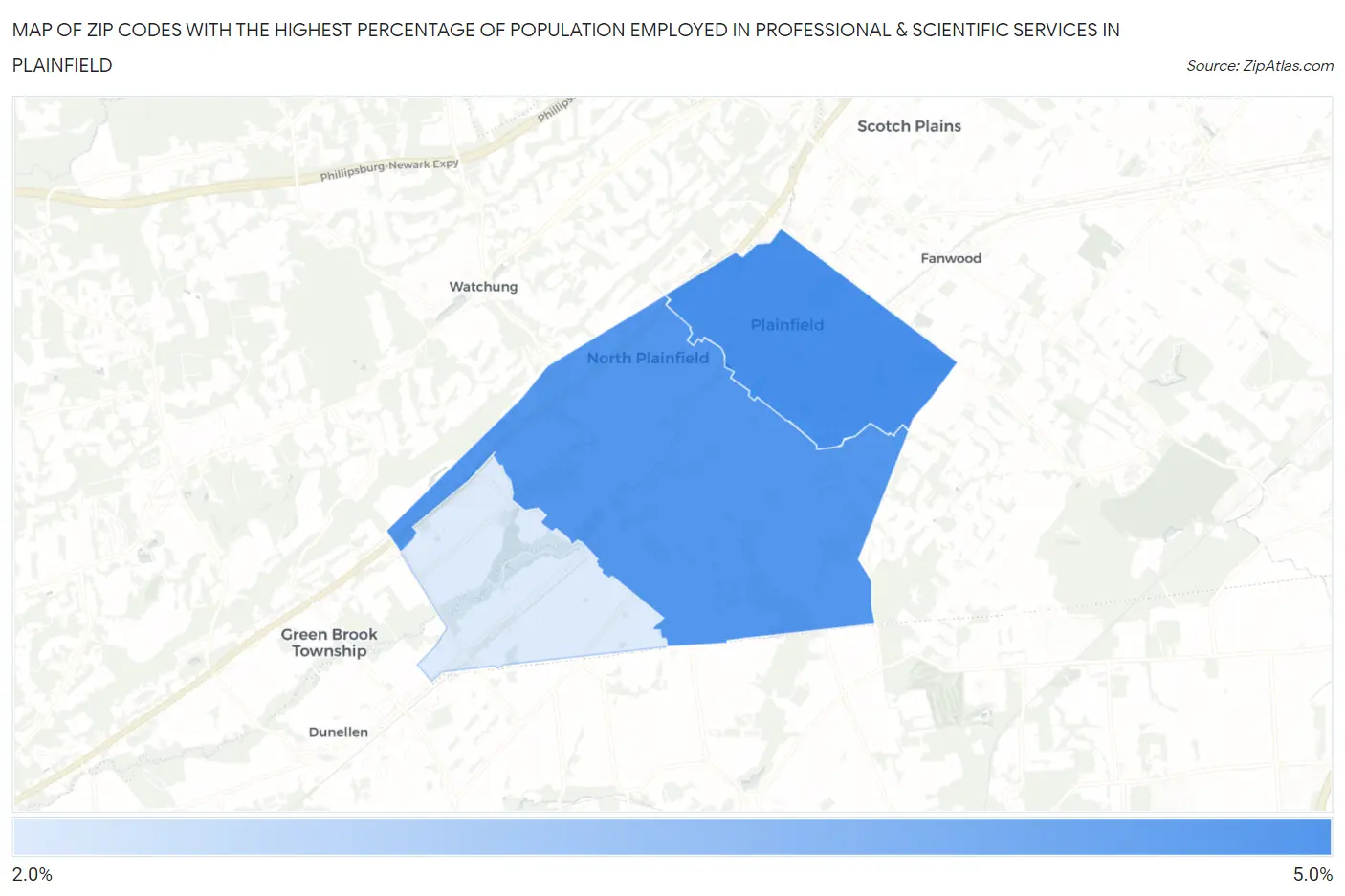 Zip Codes with the Highest Percentage of Population Employed in Professional & Scientific Services in Plainfield Map