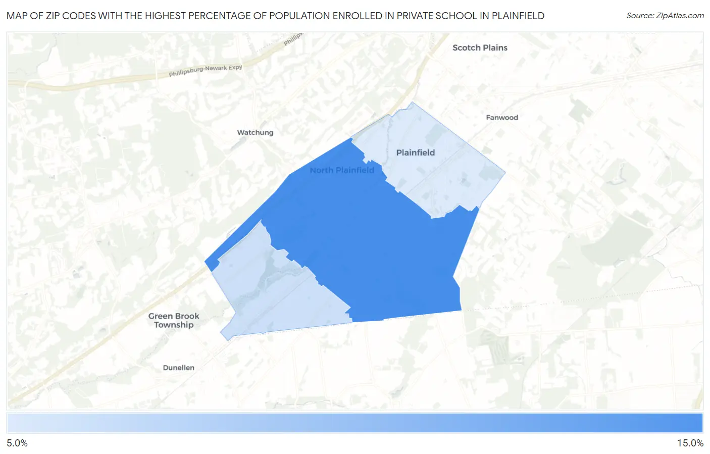 Zip Codes with the Highest Percentage of Population Enrolled in Private School in Plainfield Map
