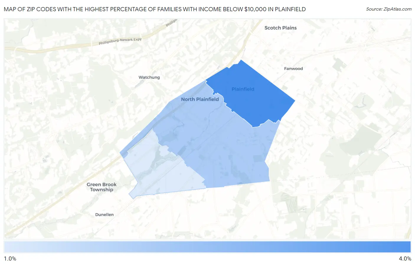 Zip Codes with the Highest Percentage of Families with Income Below $10,000 in Plainfield Map