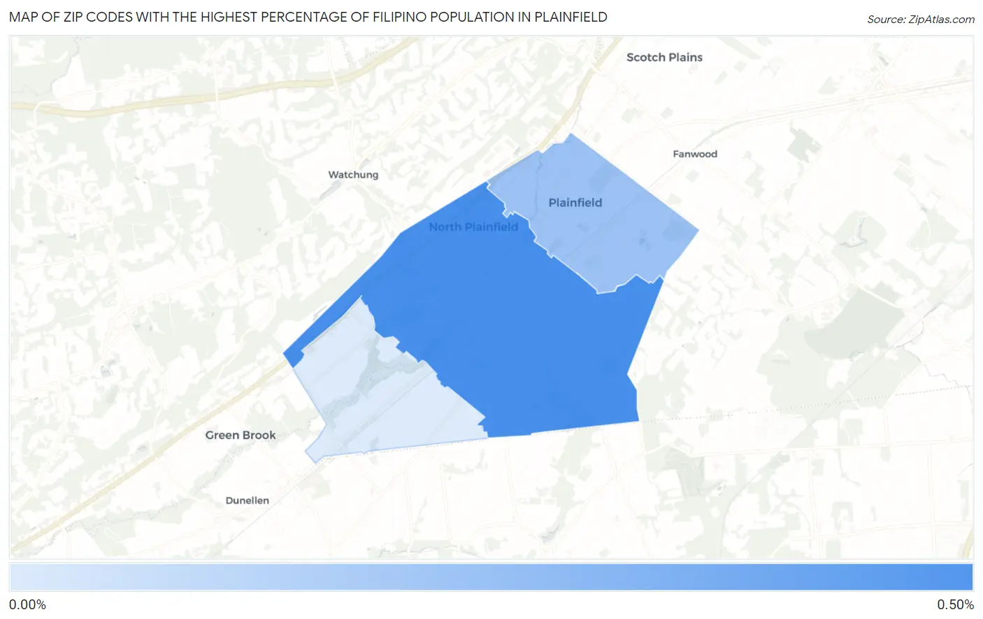 Zip Codes with the Highest Percentage of Filipino Population in Plainfield Map