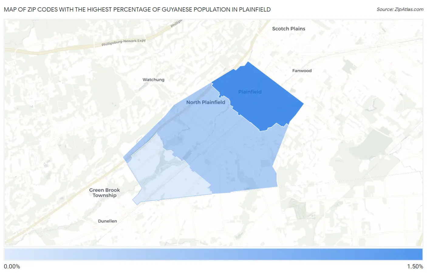 Zip Codes with the Highest Percentage of Guyanese Population in Plainfield Map