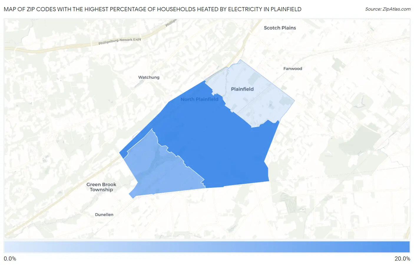 Zip Codes with the Highest Percentage of Households Heated by Electricity in Plainfield Map