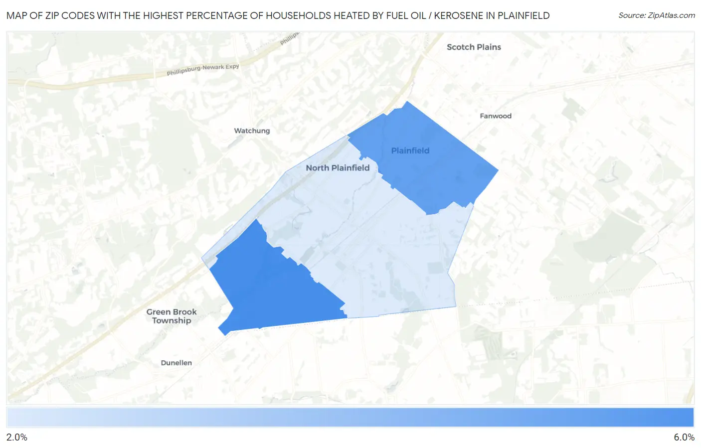 Zip Codes with the Highest Percentage of Households Heated by Fuel Oil / Kerosene in Plainfield Map