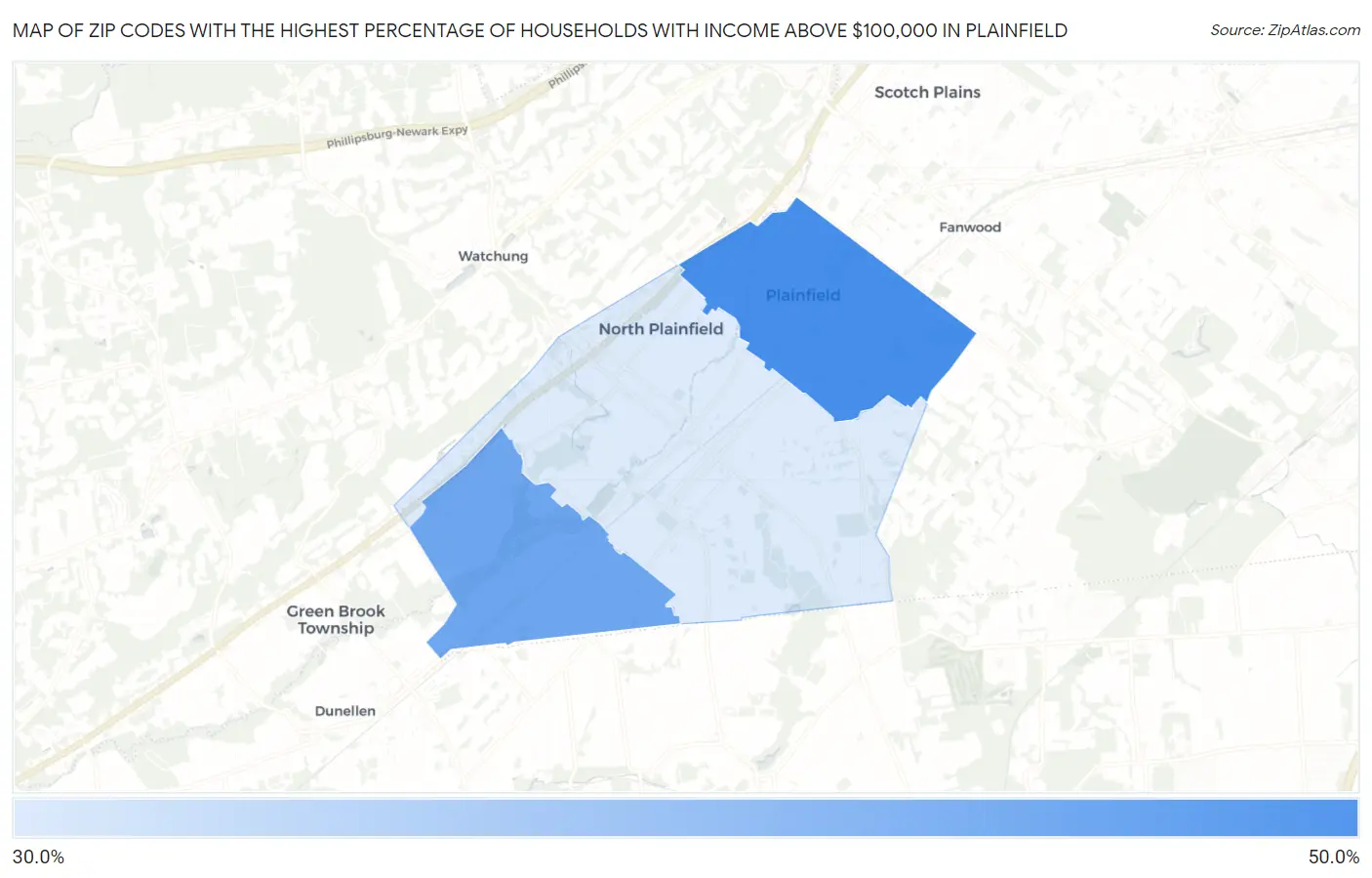 Zip Codes with the Highest Percentage of Households with Income Above $100,000 in Plainfield Map