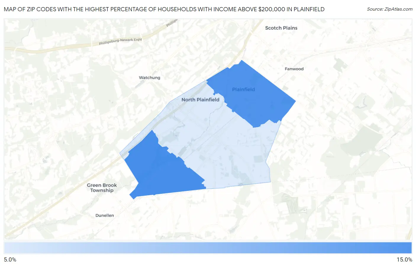 Zip Codes with the Highest Percentage of Households with Income Above $200,000 in Plainfield Map