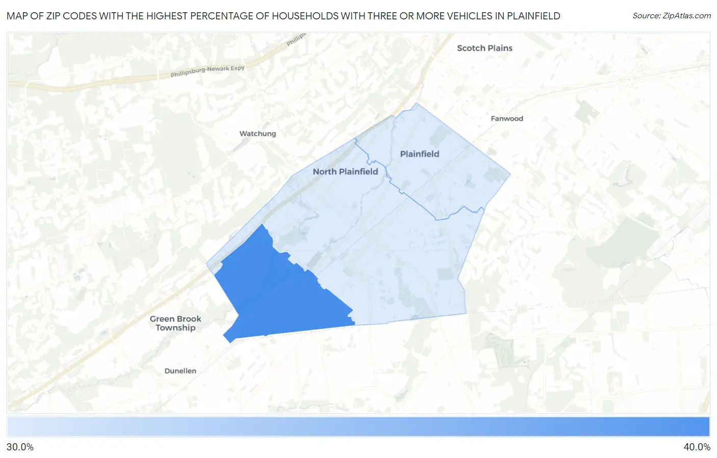 Zip Codes with the Highest Percentage of Households With Three or more Vehicles in Plainfield Map