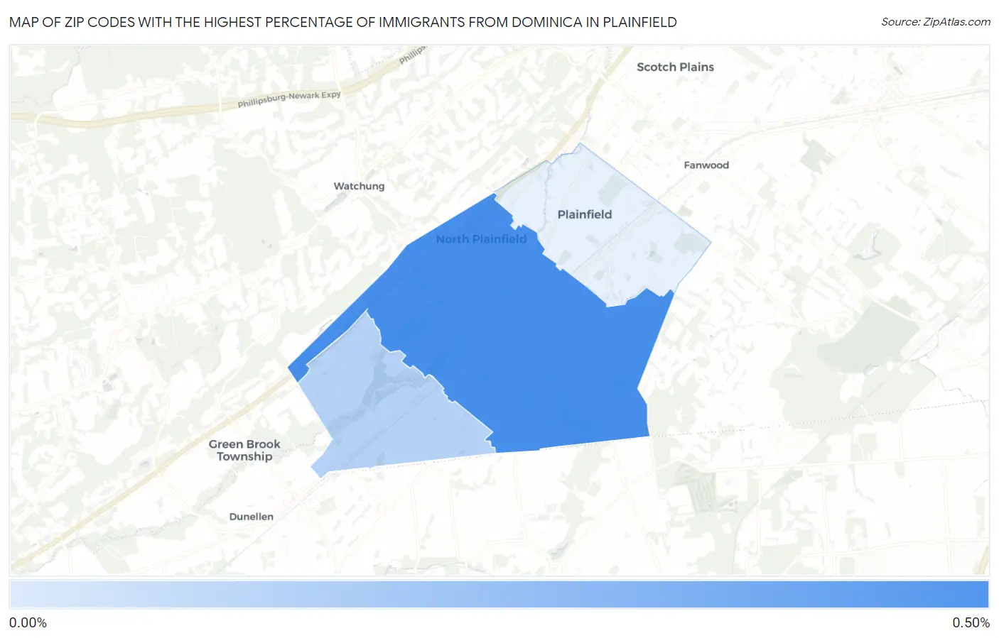 Zip Codes with the Highest Percentage of Immigrants from Dominica in Plainfield Map