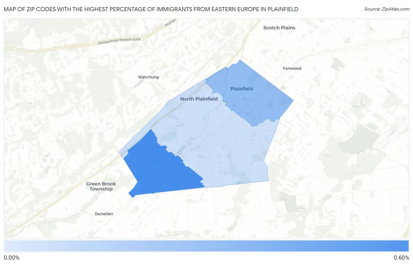 Zip Codes with the Highest Percentage of Immigrants from Eastern Europe in Plainfield Map