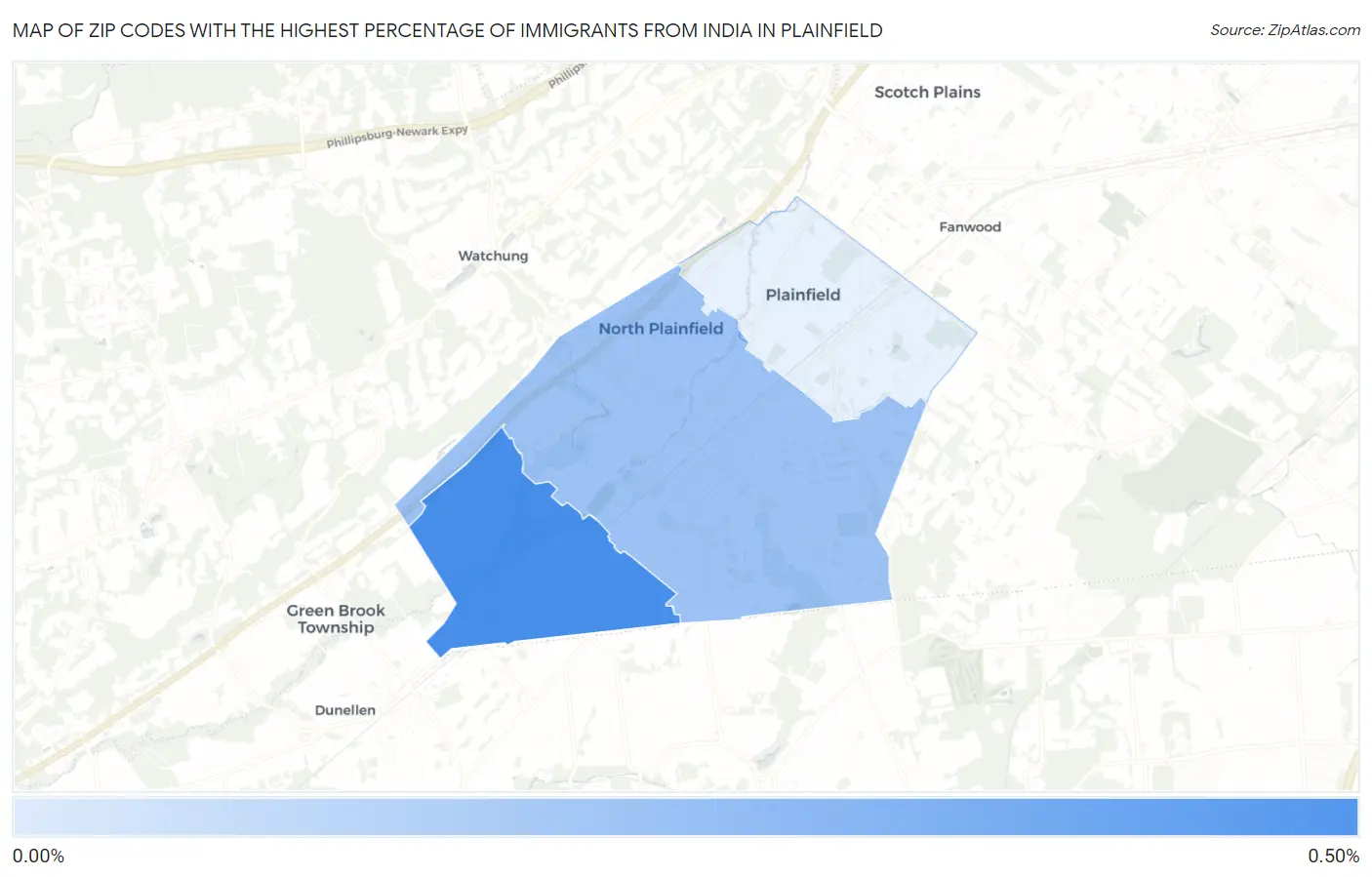 Zip Codes with the Highest Percentage of Immigrants from India in Plainfield Map