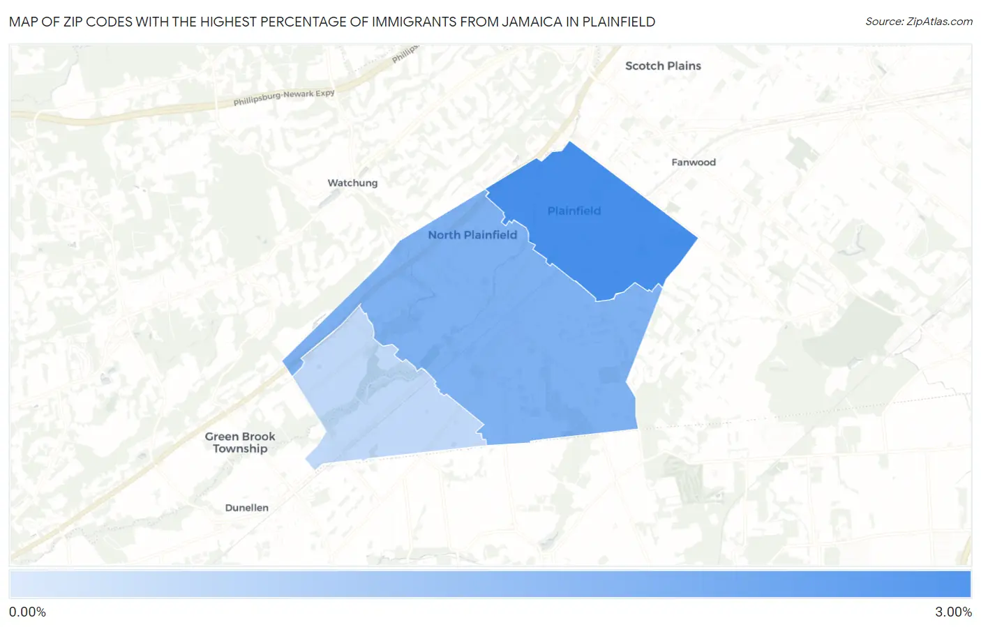 Zip Codes with the Highest Percentage of Immigrants from Jamaica in Plainfield Map