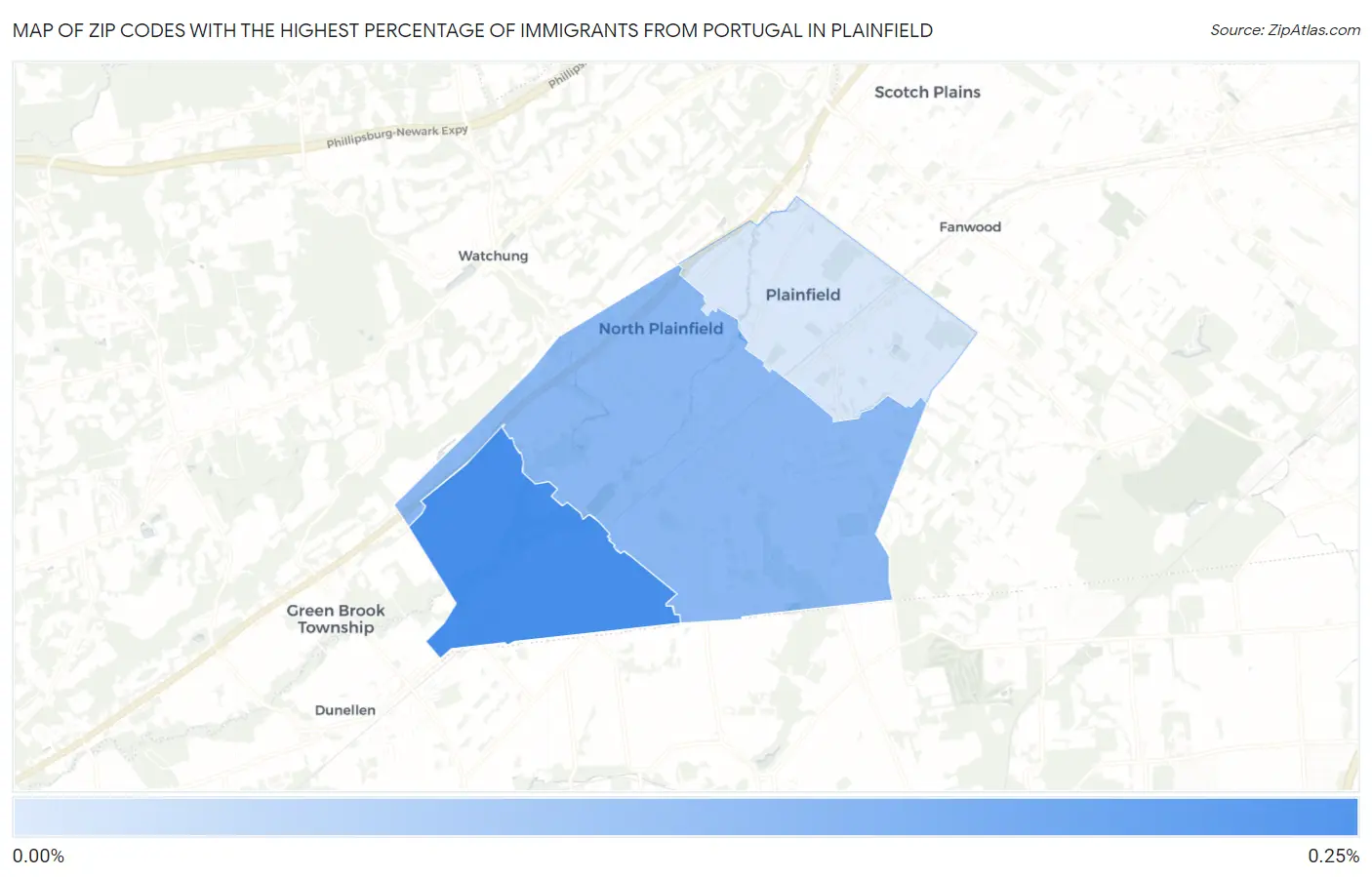 Zip Codes with the Highest Percentage of Immigrants from Portugal in Plainfield Map