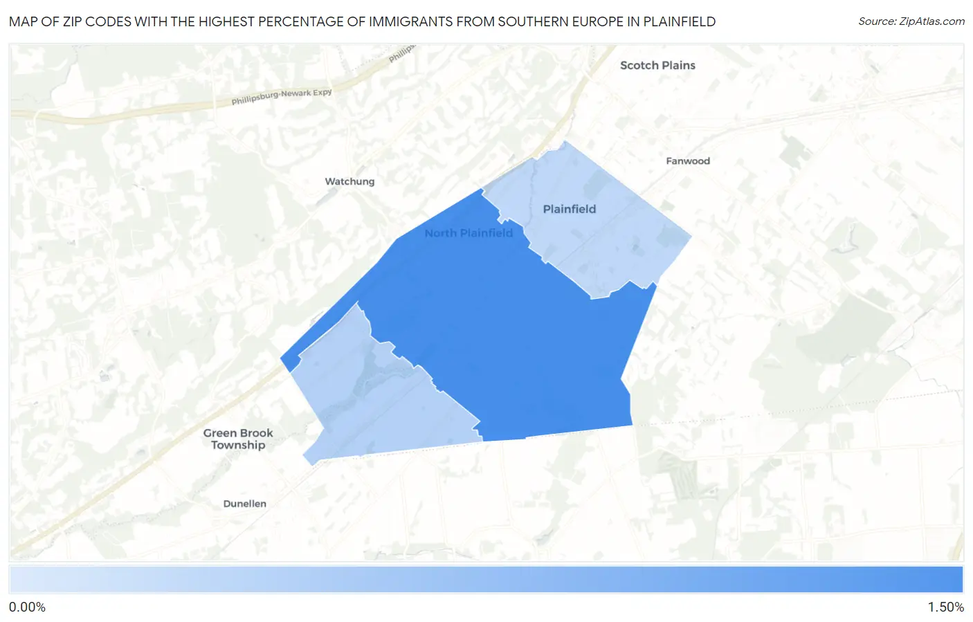 Zip Codes with the Highest Percentage of Immigrants from Southern Europe in Plainfield Map
