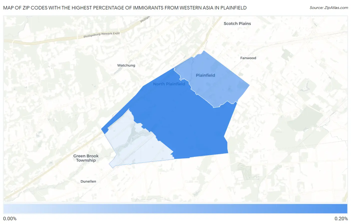 Zip Codes with the Highest Percentage of Immigrants from Western Asia in Plainfield Map