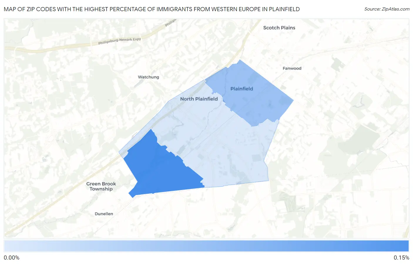 Zip Codes with the Highest Percentage of Immigrants from Western Europe in Plainfield Map