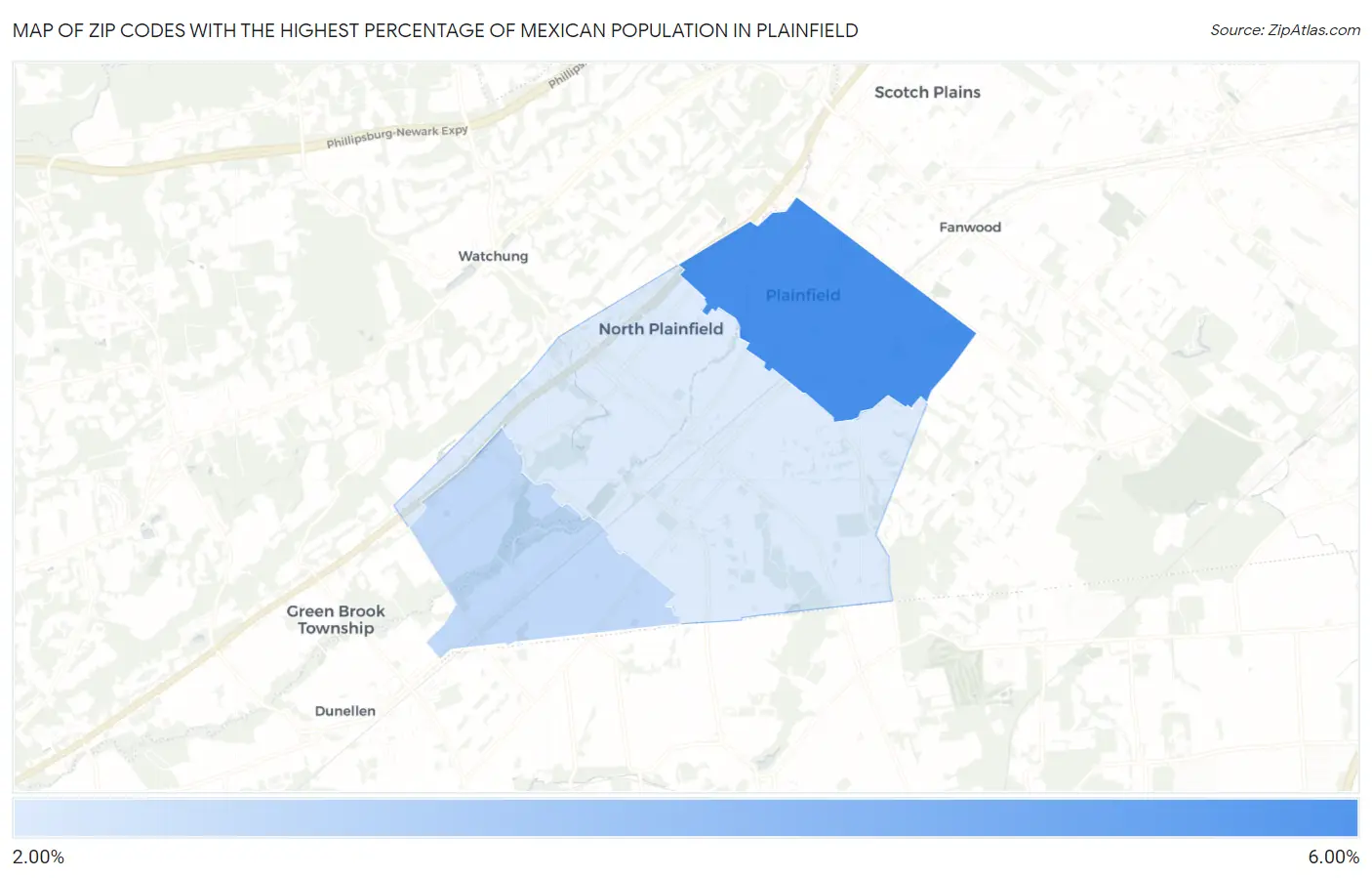 Zip Codes with the Highest Percentage of Mexican Population in Plainfield Map