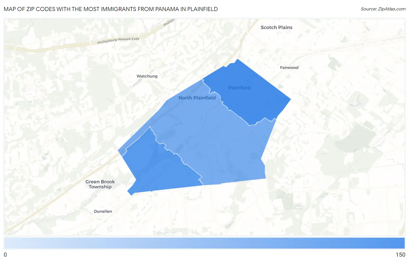 Zip Codes with the Most Immigrants from Panama in Plainfield Map
