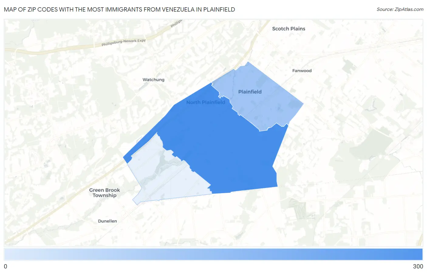 Zip Codes with the Most Immigrants from Venezuela in Plainfield Map