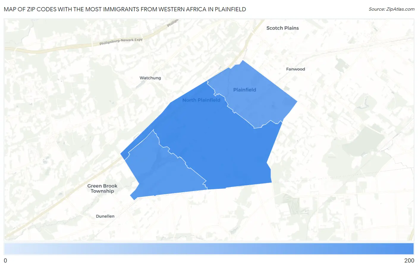 Zip Codes with the Most Immigrants from Western Africa in Plainfield Map