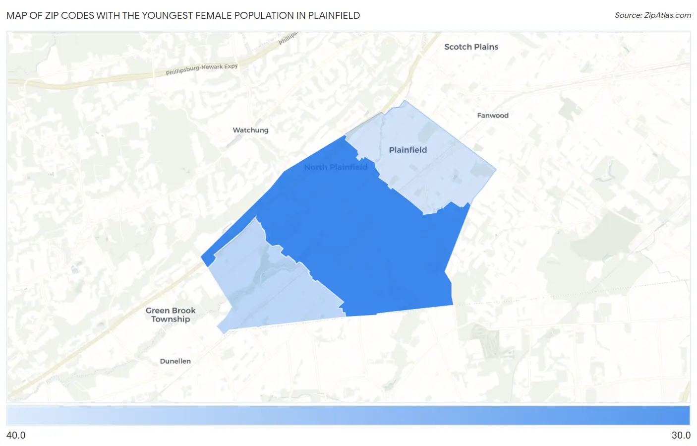 Zip Codes with the Youngest Female Population in Plainfield Map