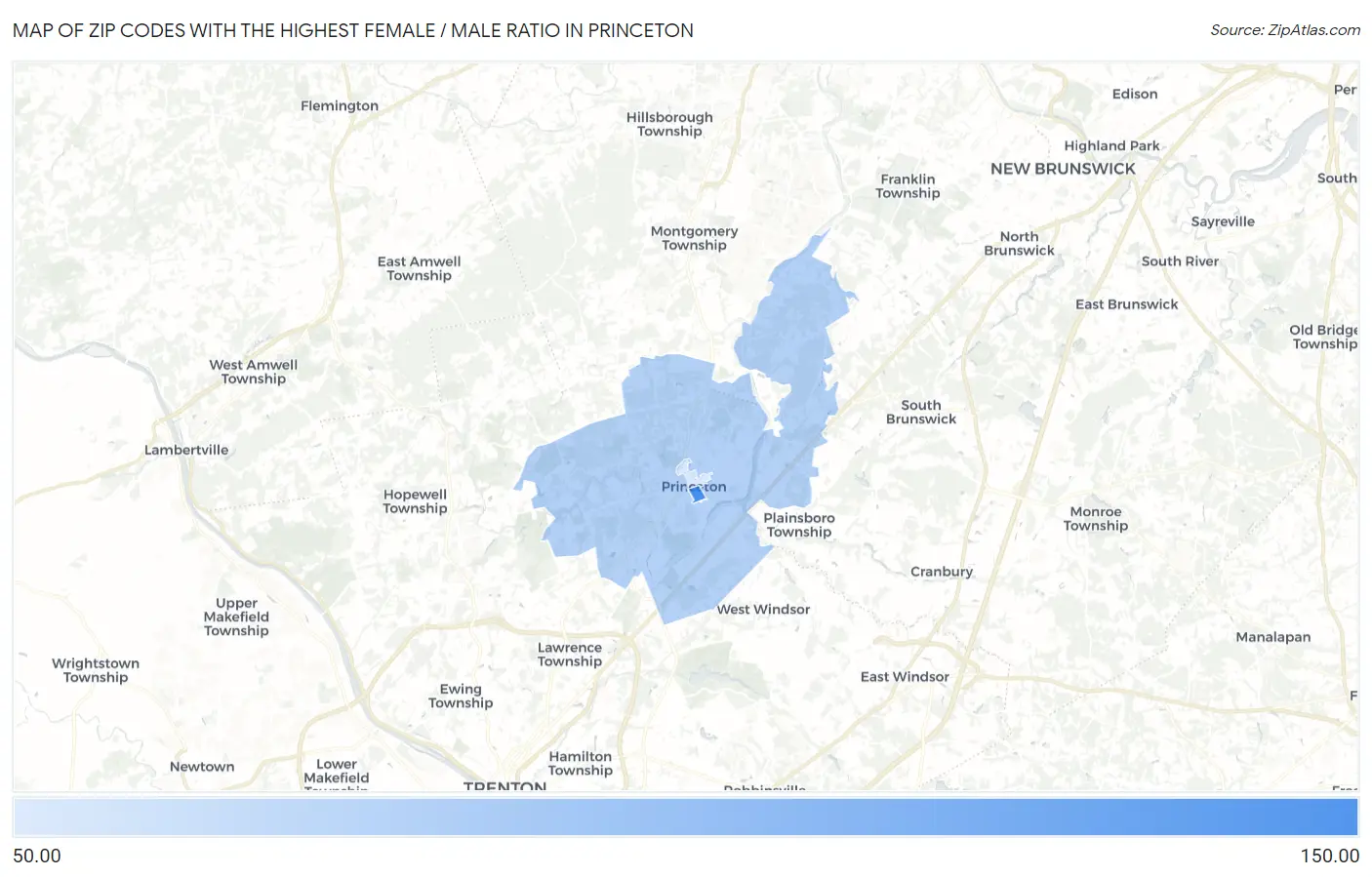 Zip Codes with the Highest Female / Male Ratio in Princeton Map