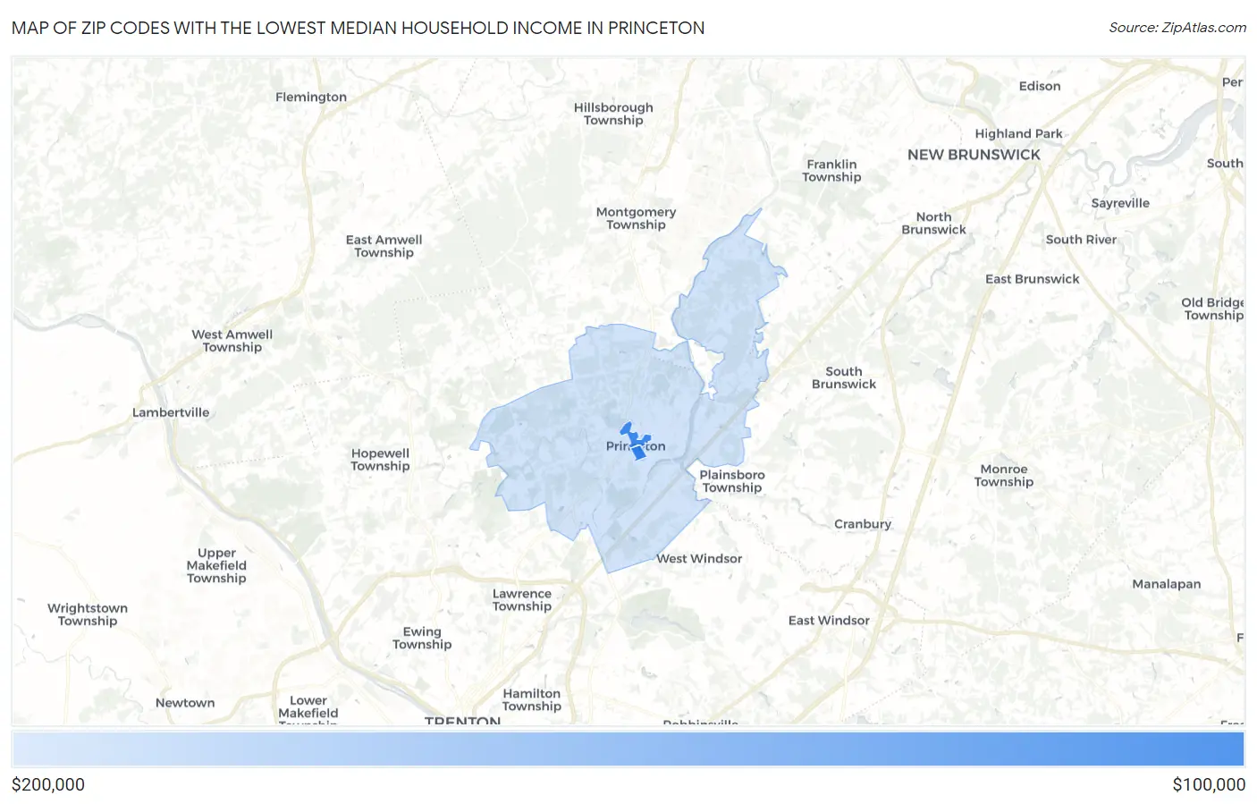 Zip Codes with the Lowest Median Household Income in Princeton Map
