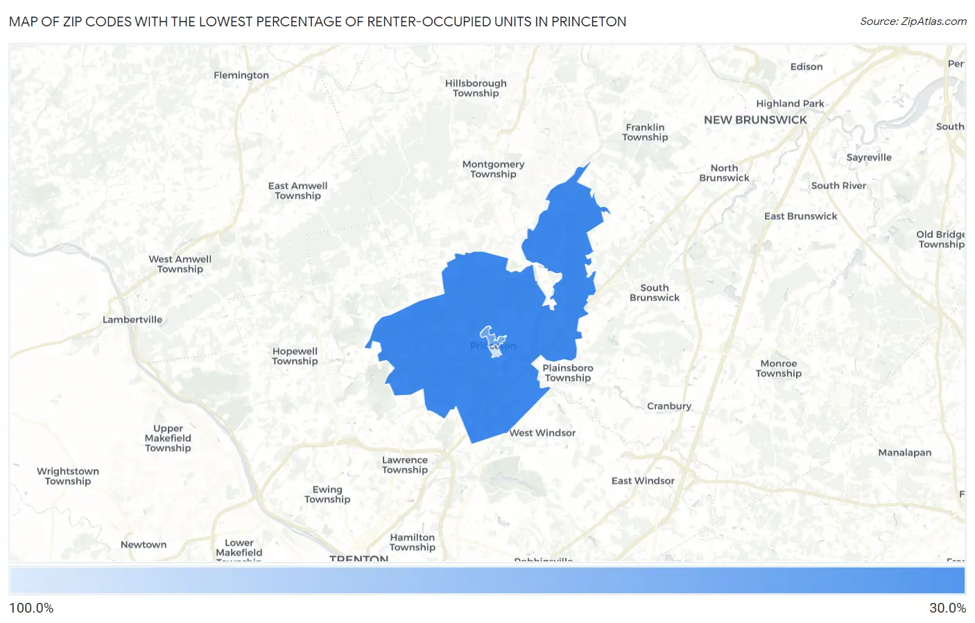 Zip Codes with the Lowest Percentage of Renter-Occupied Units in Princeton Map