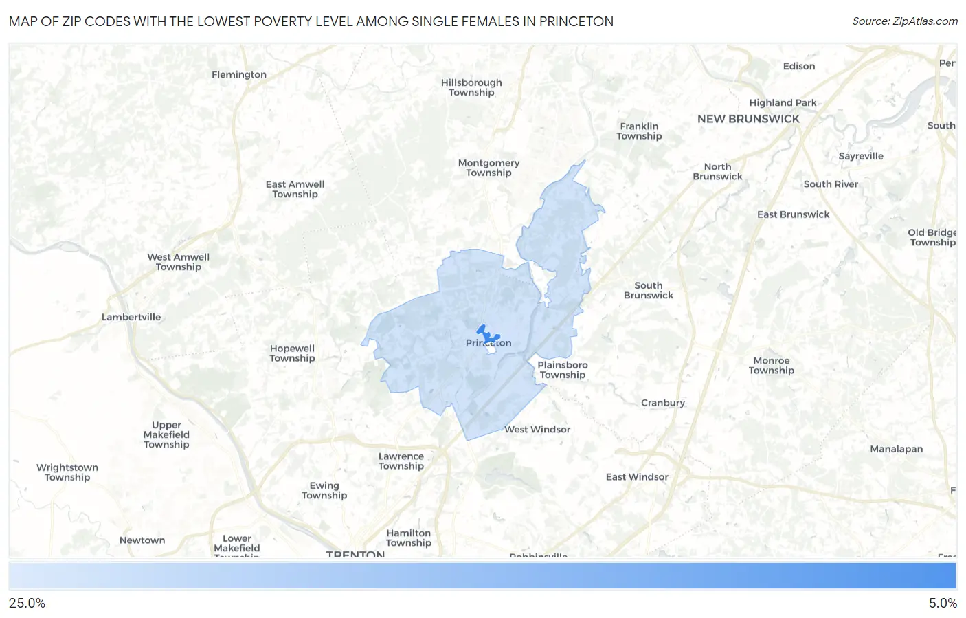 Zip Codes with the Lowest Poverty Level Among Single Females in Princeton Map