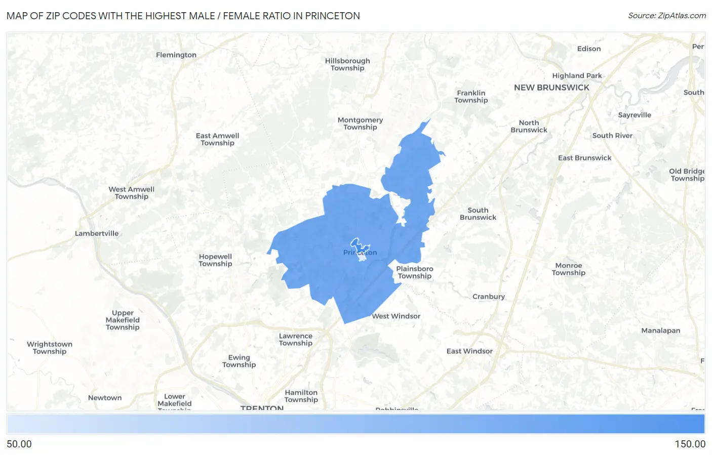 Zip Codes with the Highest Male / Female Ratio in Princeton Map