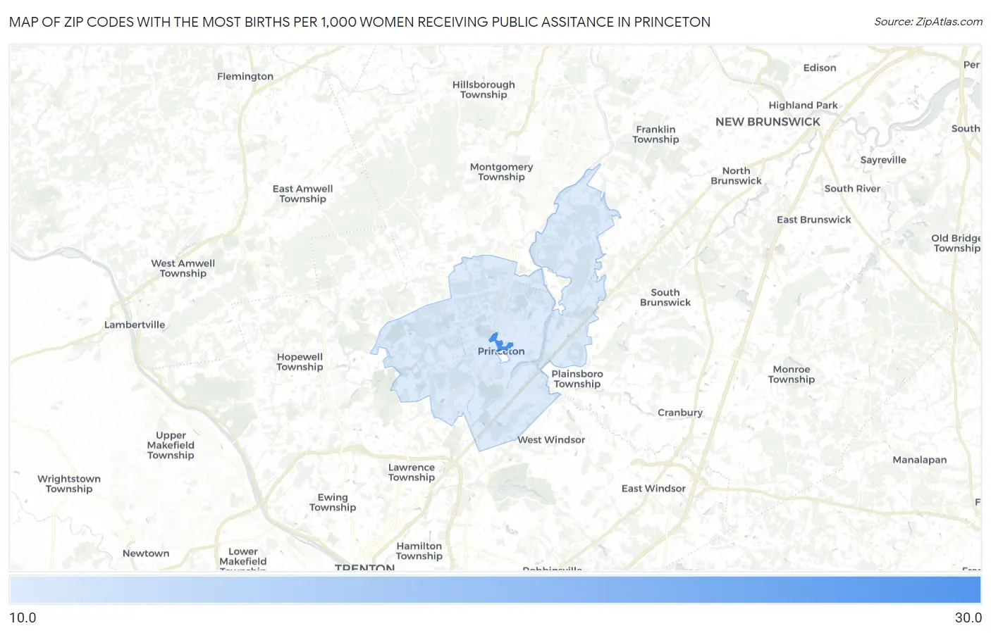 Zip Codes with the Most Births per 1,000 Women Receiving Public Assitance in Princeton Map