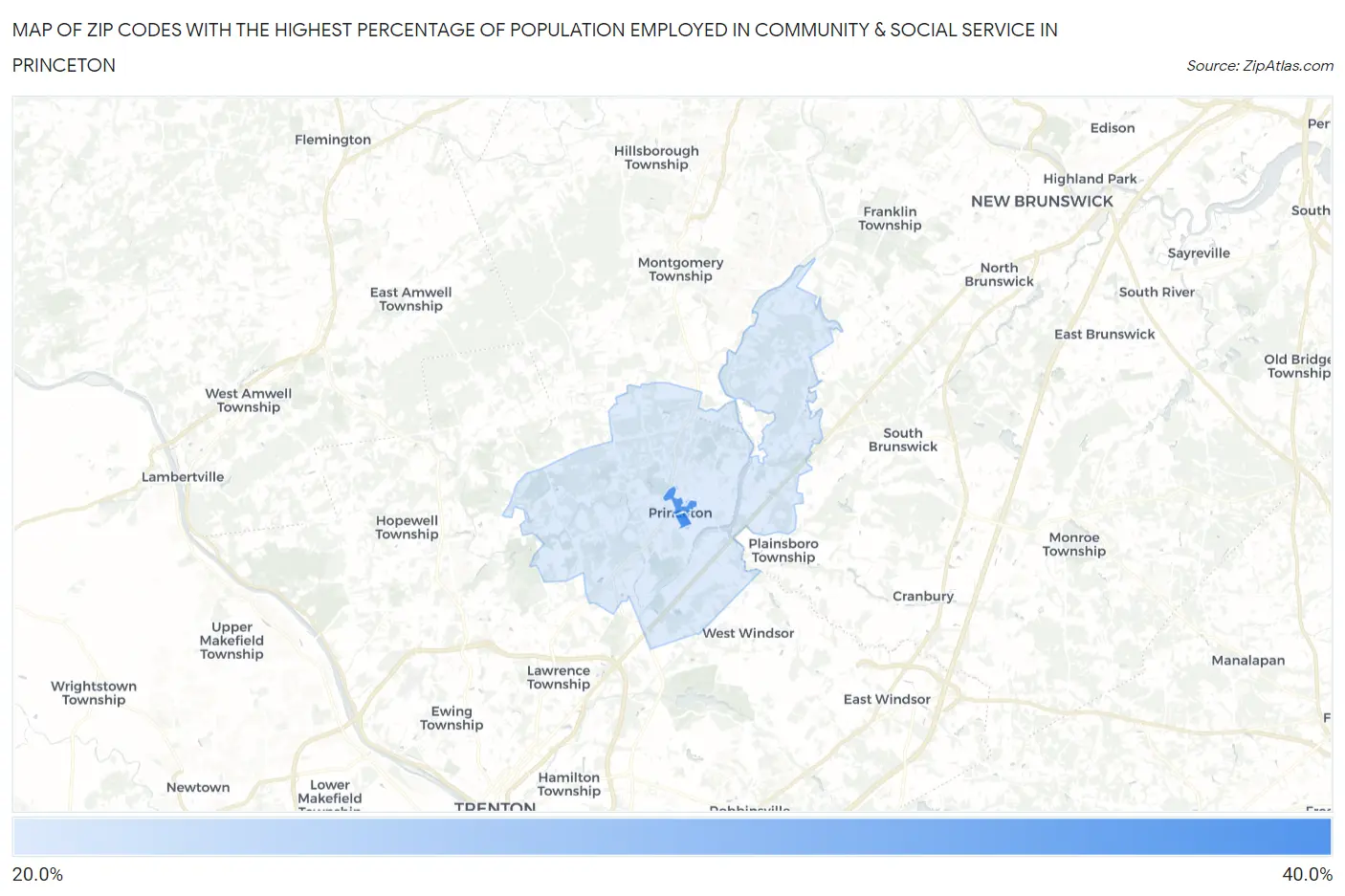 Zip Codes with the Highest Percentage of Population Employed in Community & Social Service  in Princeton Map