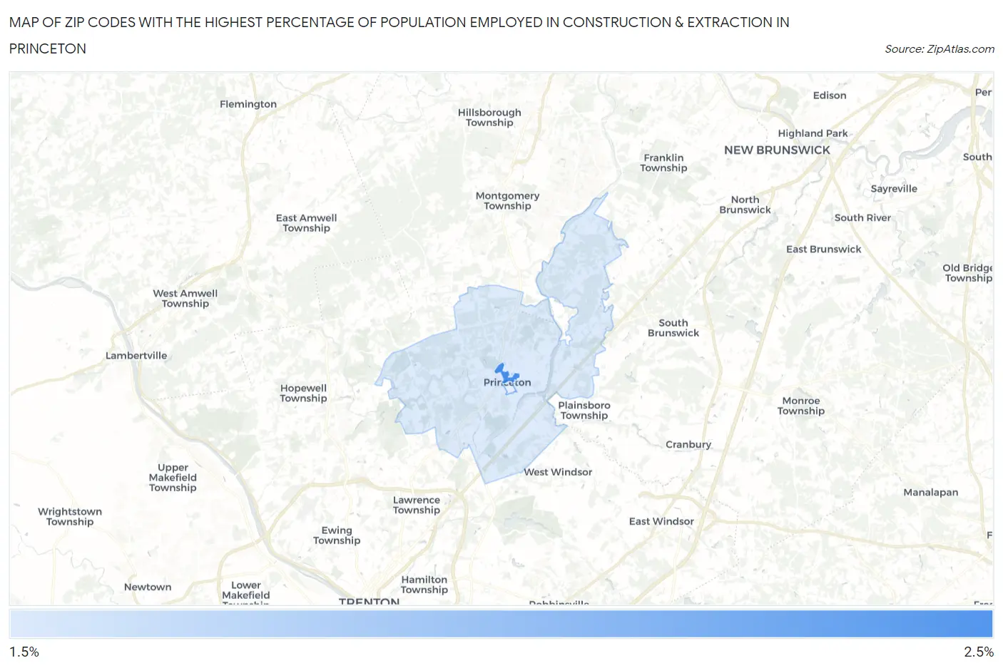 Zip Codes with the Highest Percentage of Population Employed in Construction & Extraction in Princeton Map