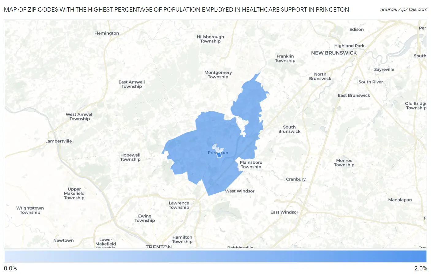 Zip Codes with the Highest Percentage of Population Employed in Healthcare Support in Princeton Map
