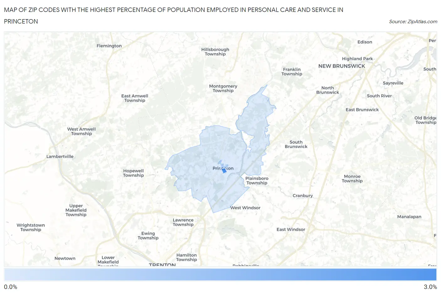 Zip Codes with the Highest Percentage of Population Employed in Personal Care and Service in Princeton Map