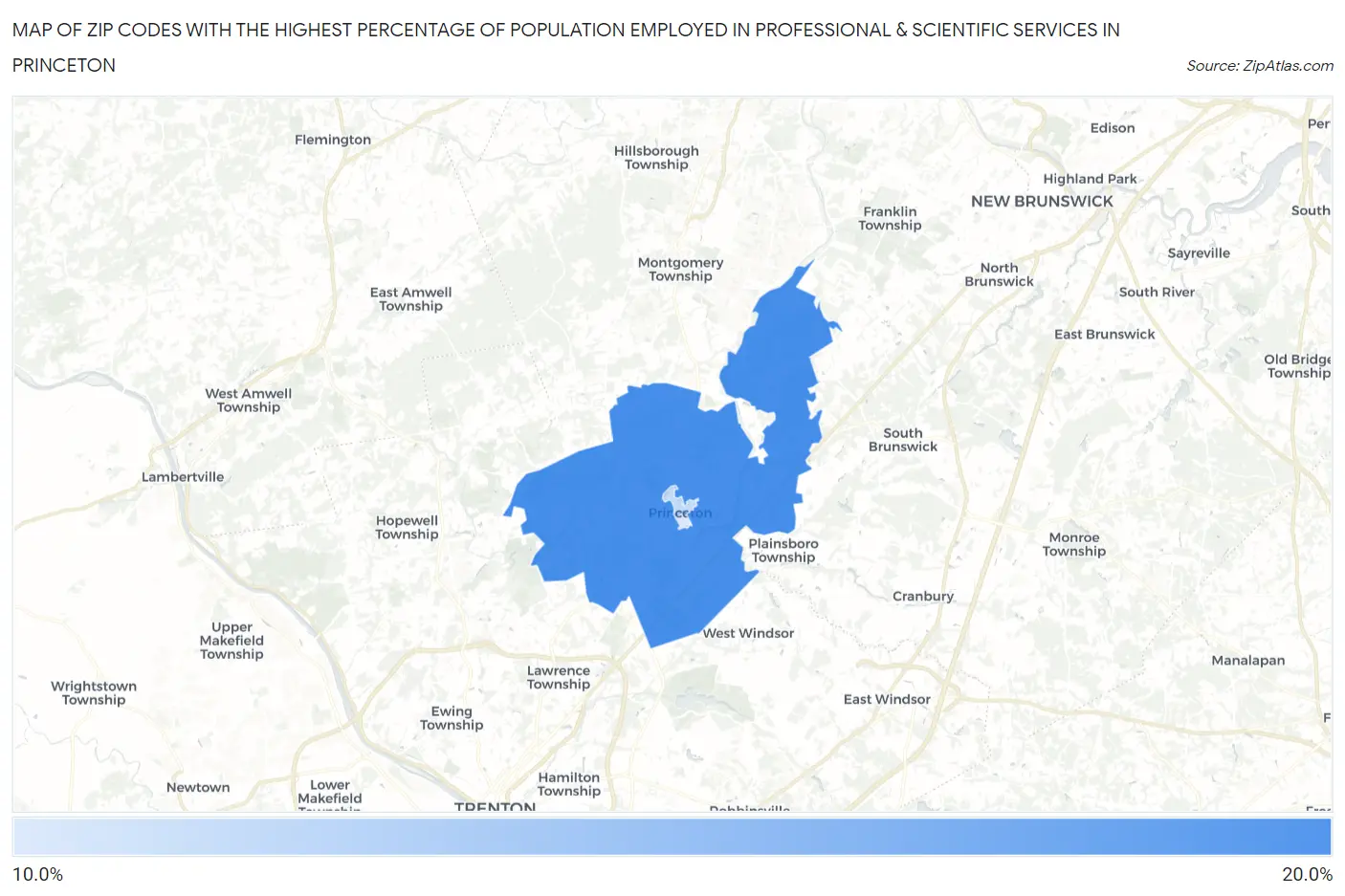 Zip Codes with the Highest Percentage of Population Employed in Professional & Scientific Services in Princeton Map