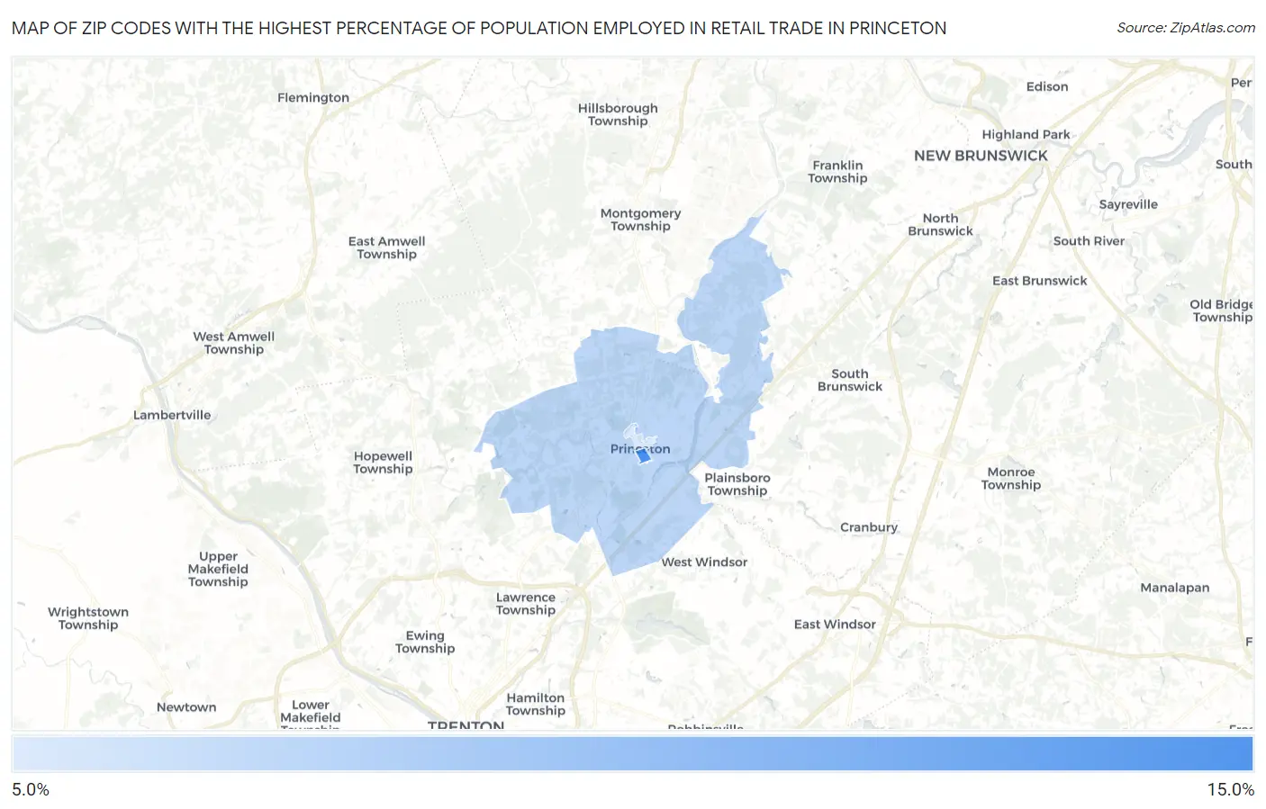 Zip Codes with the Highest Percentage of Population Employed in Retail Trade in Princeton Map