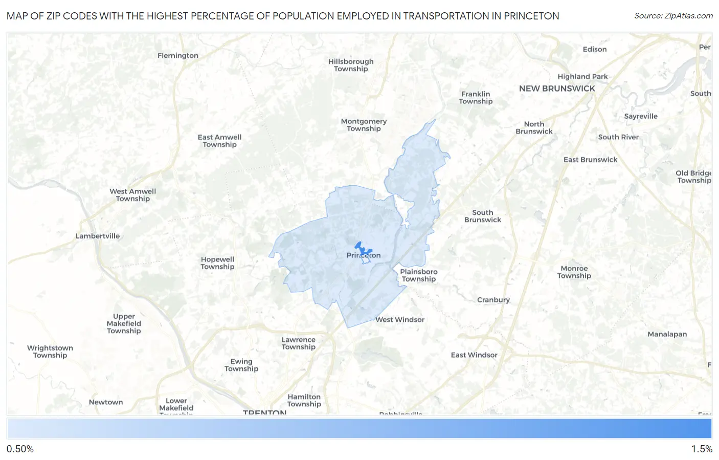 Zip Codes with the Highest Percentage of Population Employed in Transportation in Princeton Map