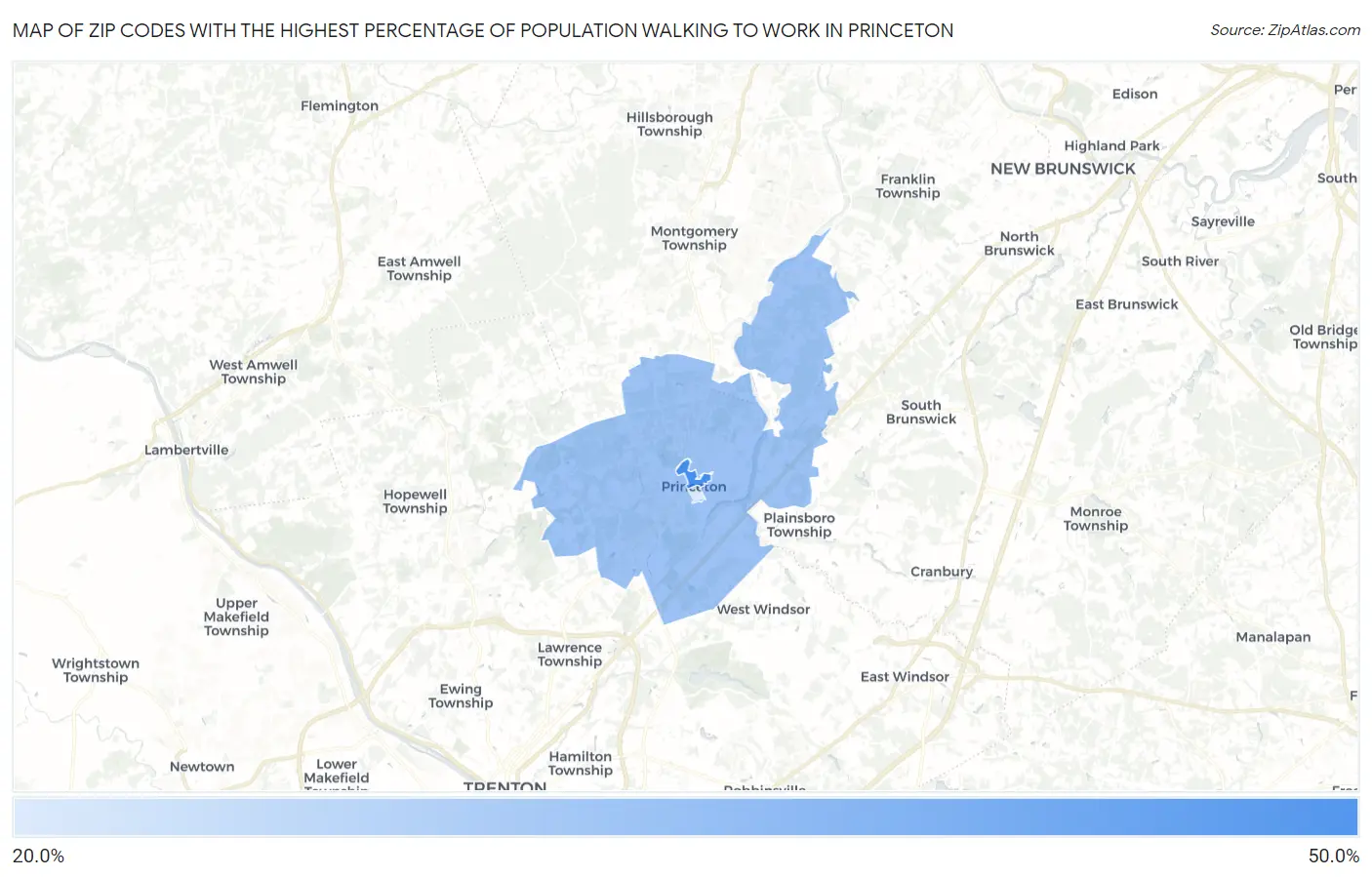 Zip Codes with the Highest Percentage of Population Walking to Work in Princeton Map