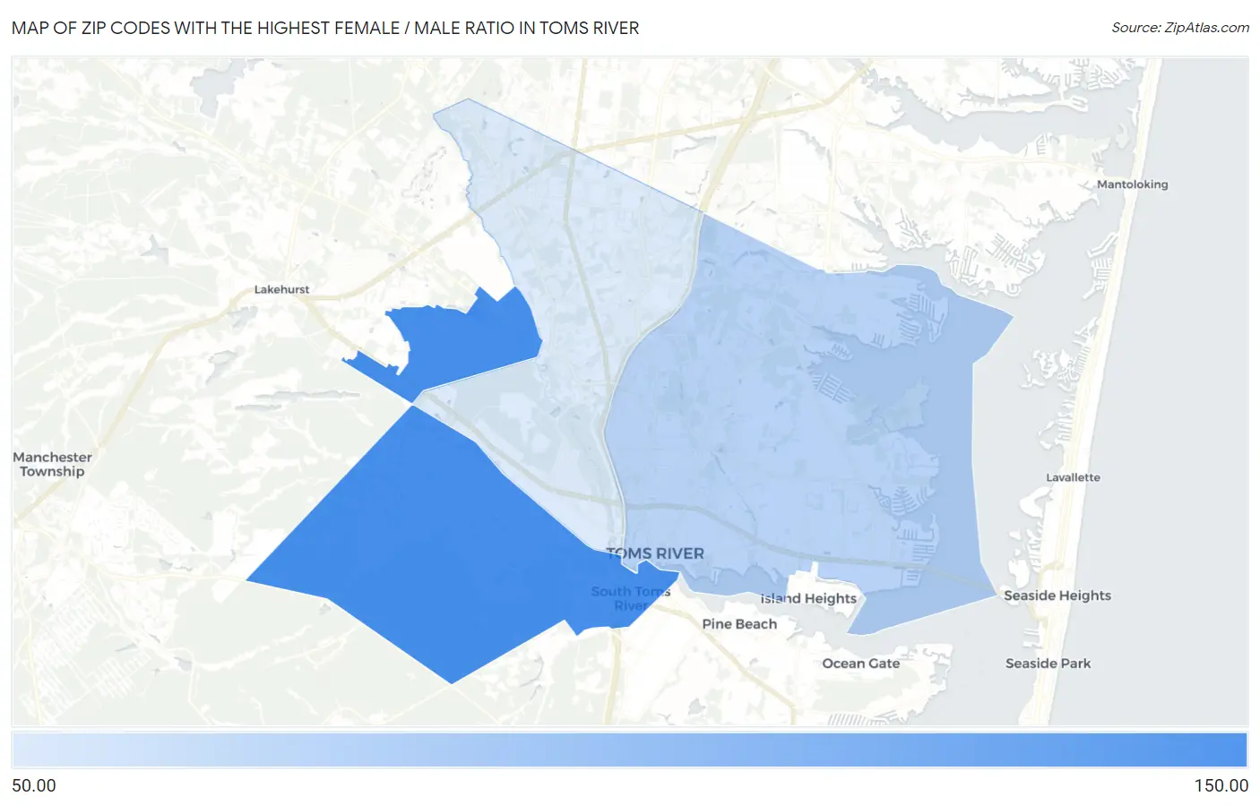 Zip Codes with the Highest Female / Male Ratio in Toms River Map